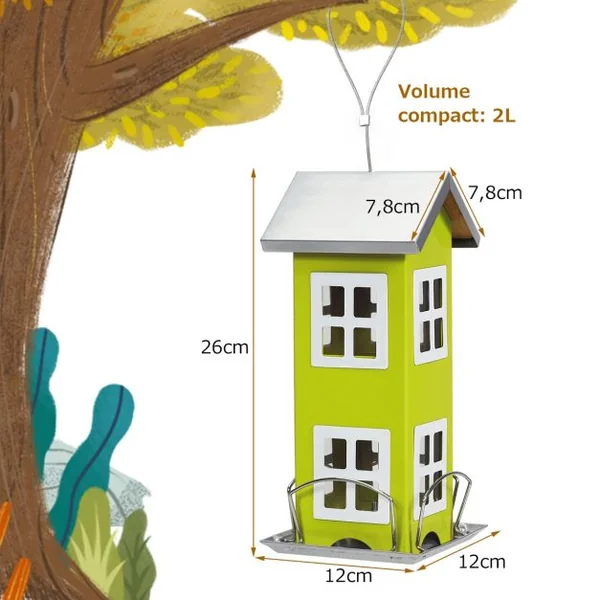 Mangeoire à Oiseaux Étanche en Forme de Maison Capacité 2L pour Jardin Vert