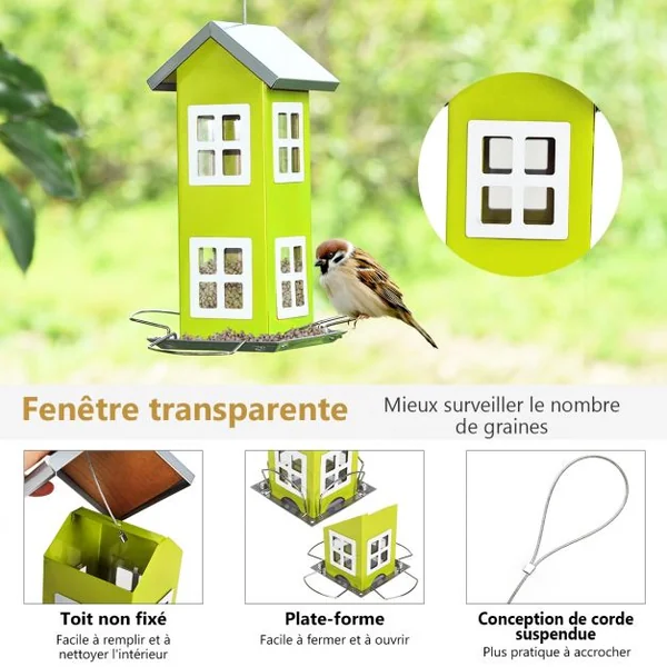Mangeoire à Oiseaux Étanche en Forme de Maison Capacité 2L pour Jardin Vert