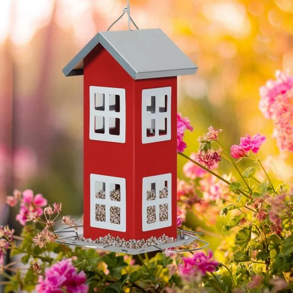Mangeoire à Oiseaux Étanche en Forme de Maison Corde de Suspension Capacité 2 L en Tôle de Fer 12x12x26cm Rouge