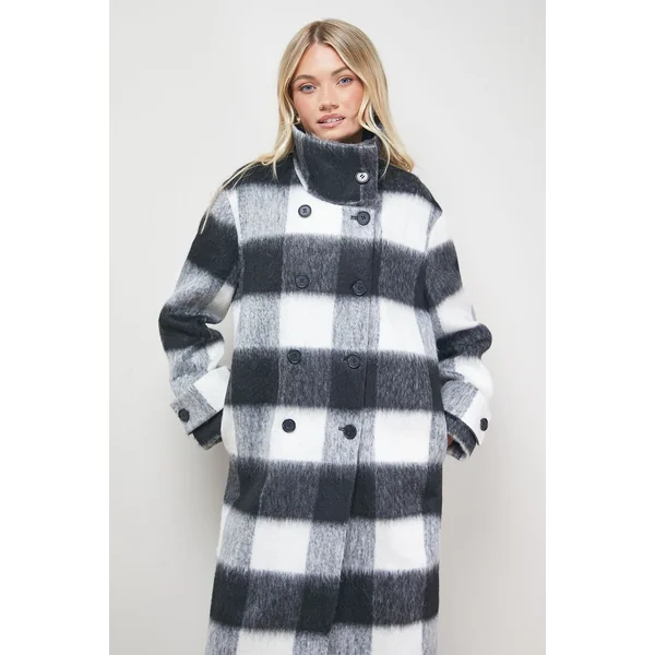 Manteau Col Montant à Carreaux Brossés
