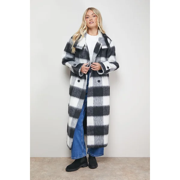 Manteau Col Montant à Carreaux Brossés