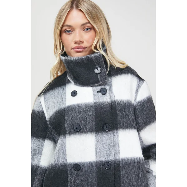 Manteau Col Montant à Carreaux Brossés
