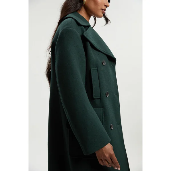 Manteau Midi Ajusté en Laine avec Poches Plaquées