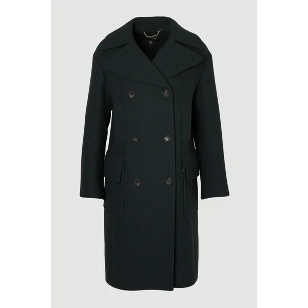 Manteau Midi Ajusté en Laine avec Poches Plaquées