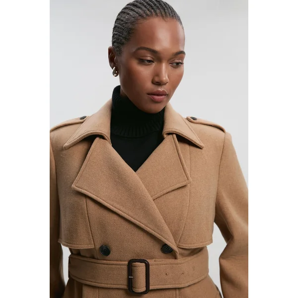 Manteau Midi Cintré à Double Boutonnage avec Ceinture et Imprimé Placé en Laine Grande Taille