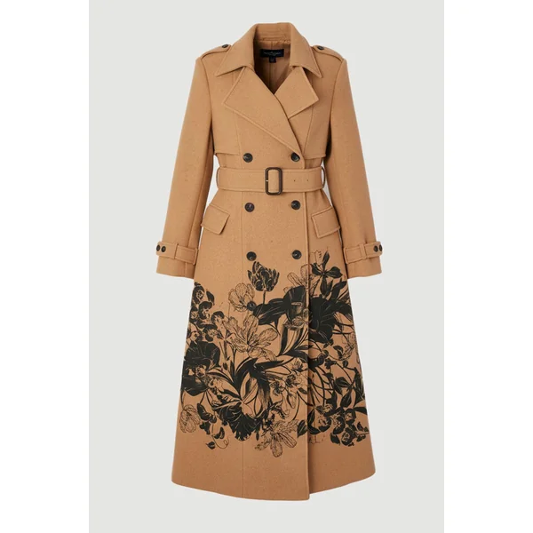 Manteau Midi Cintré à Double Boutonnage avec Ceinture et Imprimé Placé en Laine Grande Taille