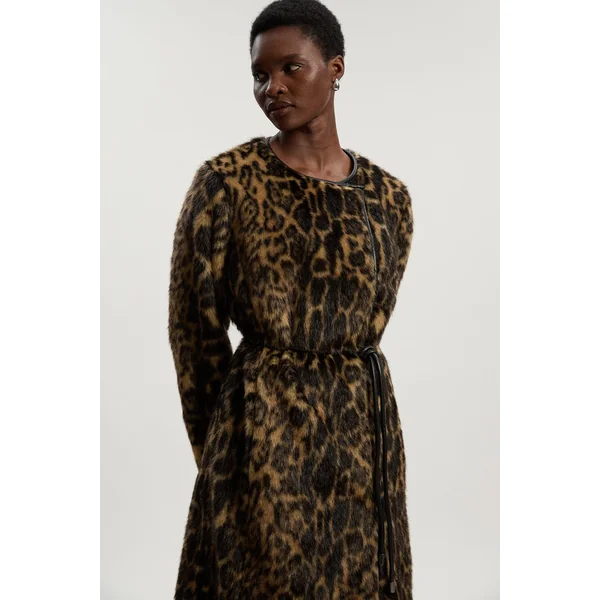 Manteau Midi en synthétique Léopard sans Col avec Ceinture à Nouer