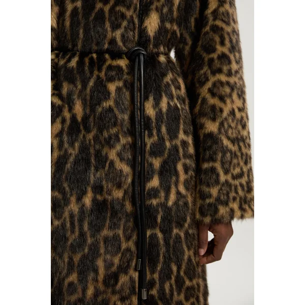 Manteau Midi en synthétique Léopard sans Col avec Ceinture à Nouer