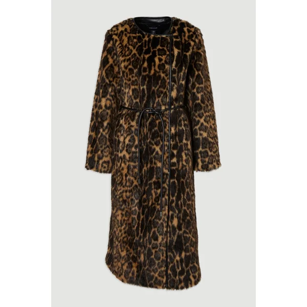 Manteau Midi en synthétique Léopard sans Col avec Ceinture à Nouer