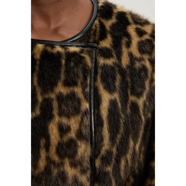 Manteau Midi en synthétique Léopard sans Col avec Ceinture à Nouer