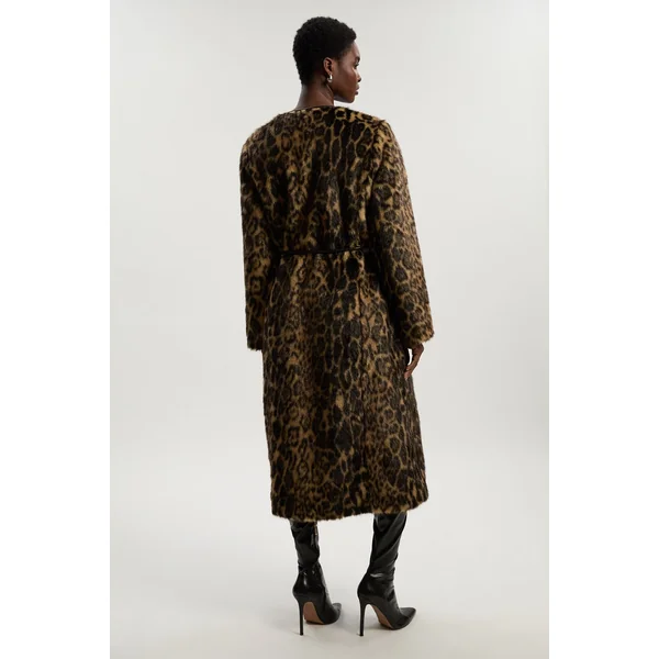 Manteau Midi en synthétique Léopard sans Col avec Ceinture à Nouer