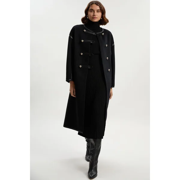 Manteau Mi-Long Ajusté Sans Col en Laine Brossée et synthétique Petite