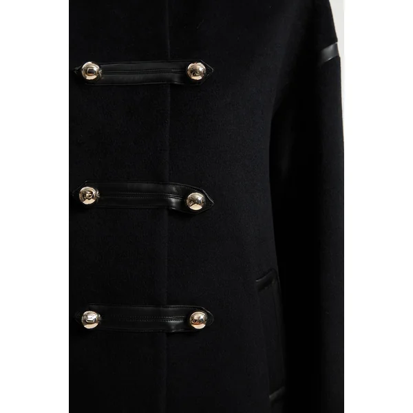 Manteau Mi-Long Ajusté Sans Col en Laine Brossée et synthétique Petite