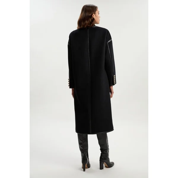 Manteau Mi-Long Ajusté Sans Col en Laine Brossée et synthétique Petite
