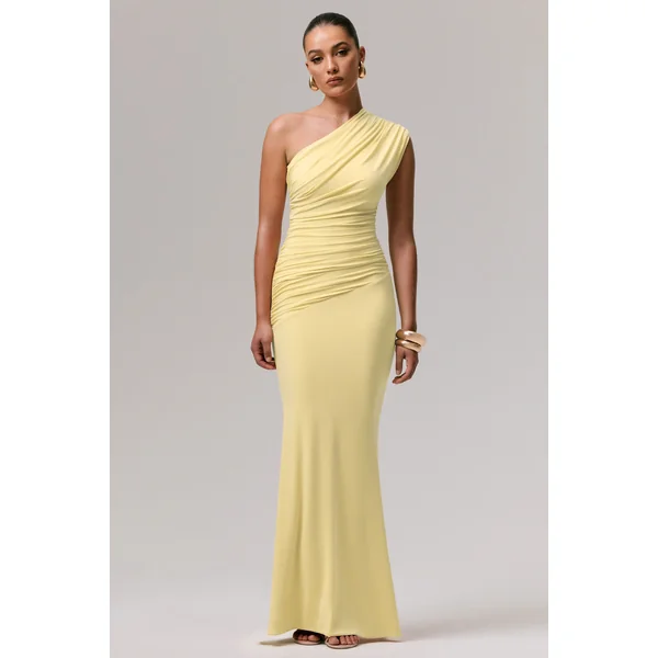 Mardi | Robe longue asymétrique citron avec fronces