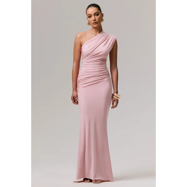 Mardi | Robe longue asymétrique rose avec fronces