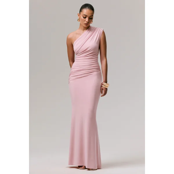 Mardi | Robe longue asymétrique rose avec fronces
