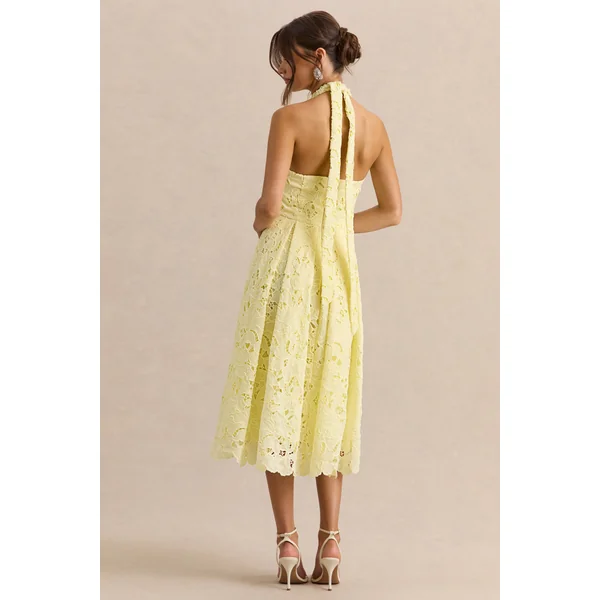 Maribel | Robe mi-longue citron en dentelle à encolure plongeante