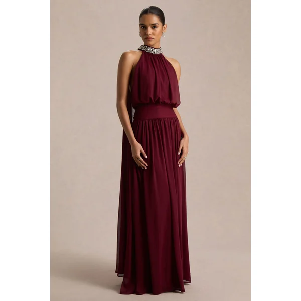 Marie | Robe longue bordeaux à encolure américaine ornée