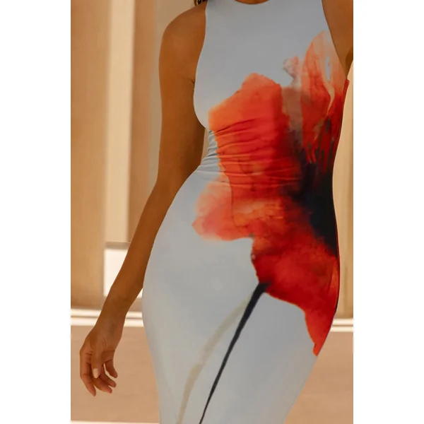 Marlo | Robe longue à col haut et détails froncés imprimé coquelicot bleu poudré