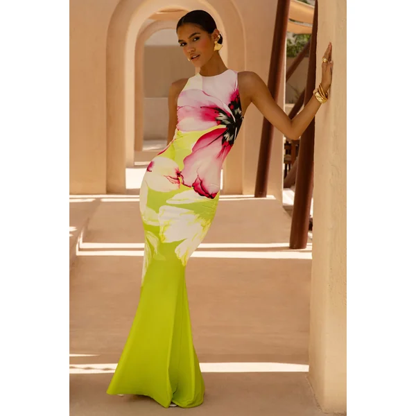Marlo | Robe longue à col montant imprimé floral citron vert avec détails froncés