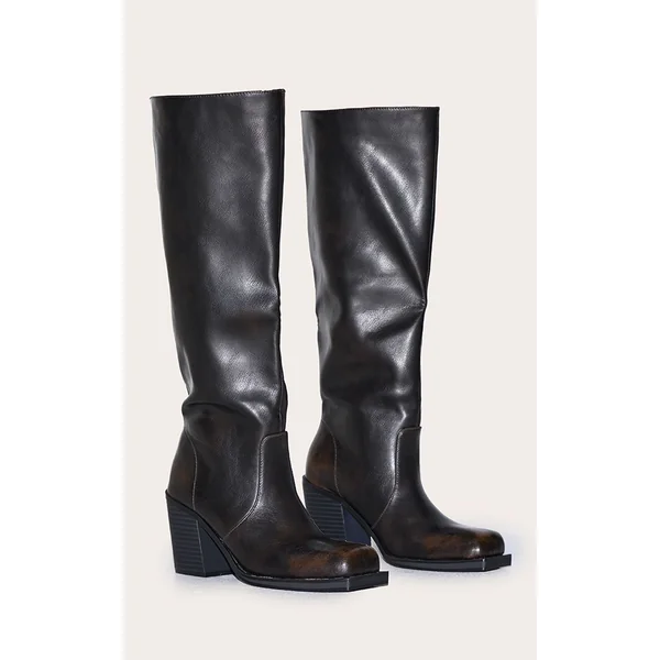 Marron Bottes Hautes À Talon Bloc Et Bout Carré En Synthétiquecuir