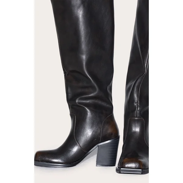Marron Bottes Hautes À Talon Bloc Et Bout Carré En Synthétiquecuir