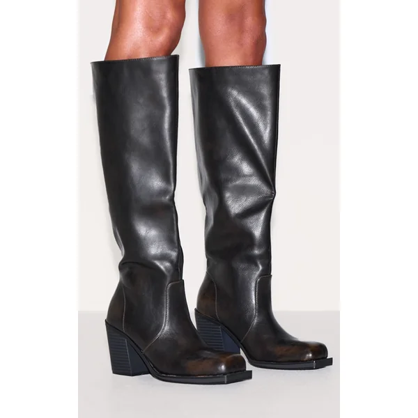 Marron Bottes Hautes À Talon Bloc Et Bout Carré En Synthétiquecuir