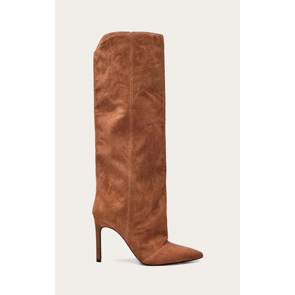 Marron Clair Bottes Au Genou Froncées En Cuir Verni Froissé