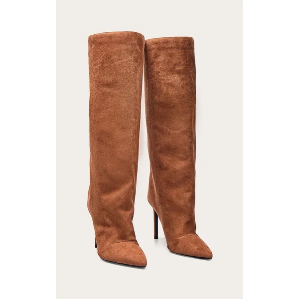 Marron Clair Bottes Au Genou Froncées En Cuir Verni Froissé