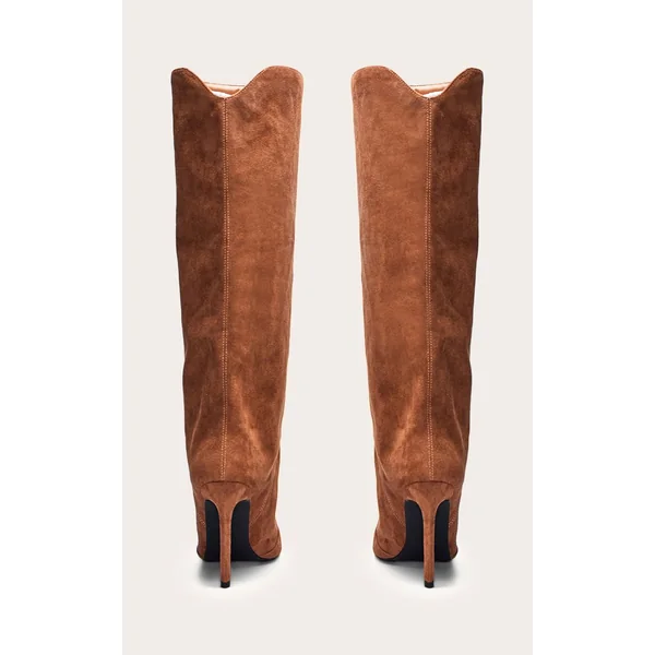 Marron Clair Bottes Au Genou Froncées En Cuir Verni Froissé