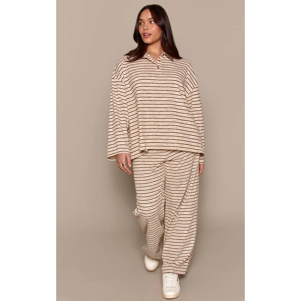 Marron Clair Pantalon Droit Taille Basse Côtelé Doux À Rayures Plus