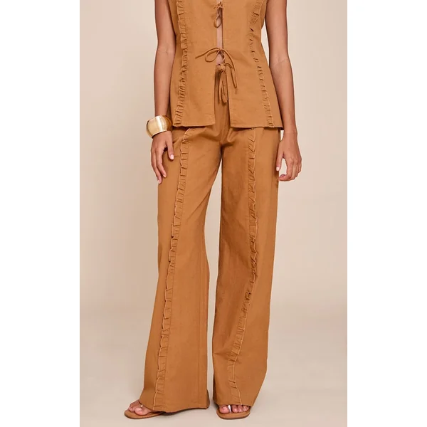 Marron Clair Pantalon Large À Cordon En Lin Avec Ensemble Coordonné