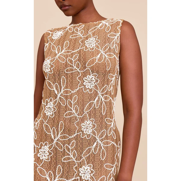 Marron Clair Robe Droite À Col Bateau Et Motif Floral Texturé