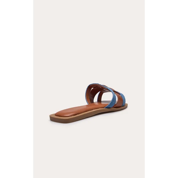 Marron Clair Sandales Mules Plates À Lanières Multiples En Synthétiquecuir Et Denim
