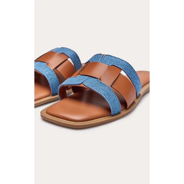 Marron Clair Sandales Mules Plates À Lanières Multiples En Synthétiquecuir Et Denim