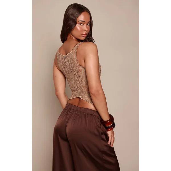 Marron Corset À Encolure Carrée En Voile Texturé À Motifs Floraux