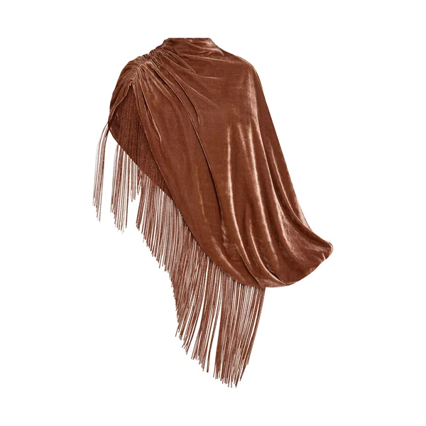 Marron Doré Robe Courte En Velours Avec Cape Et Ourlet À Pompons