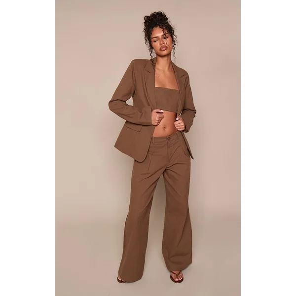 Marron Foncé Blazer Ajusté Effet Lin Ensemble Coordonné