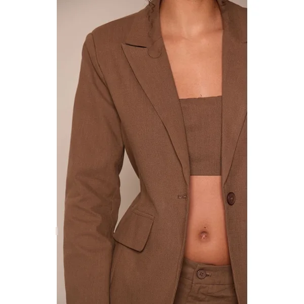 Marron Foncé Blazer Ajusté Effet Lin Ensemble Coordonné