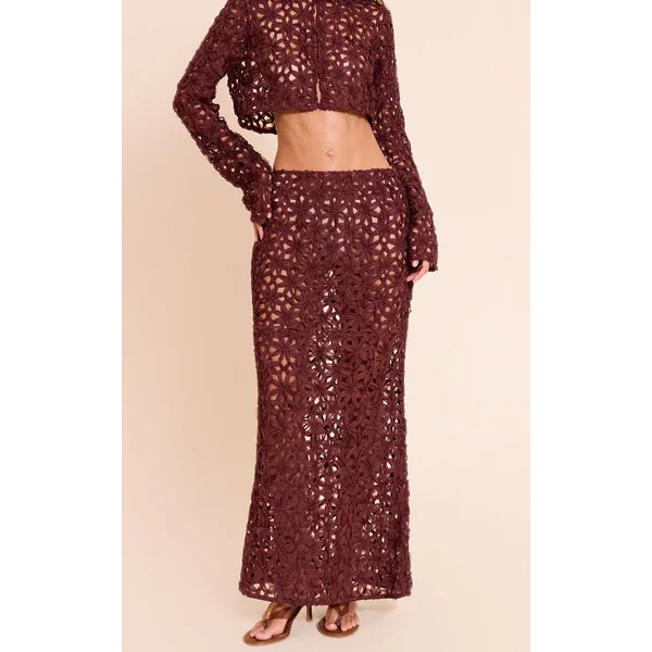 Marron Foncé Jupe Longue À Fleurs Texturée