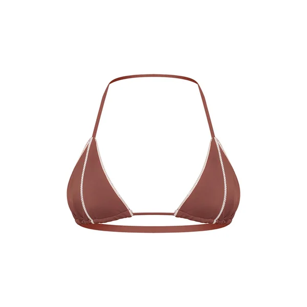 Marron Haut De Bikini Triangle À Surpiqûres Contrastées