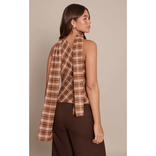 Marron Haut À Détail Foulard Asymétrique À Carreaux