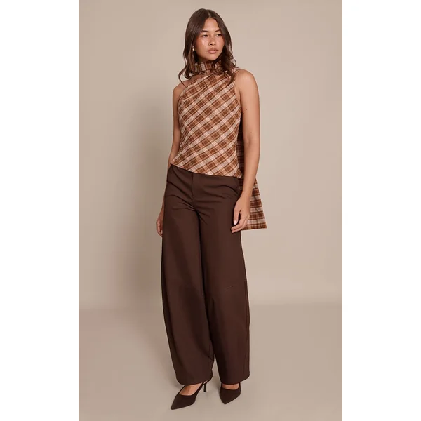 Marron Haut À Détail Foulard Asymétrique À Carreaux