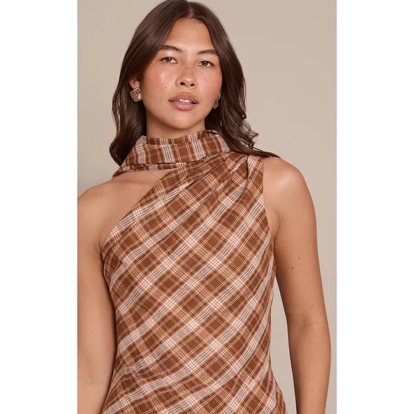 Marron Haut À Détail Foulard Asymétrique À Carreaux