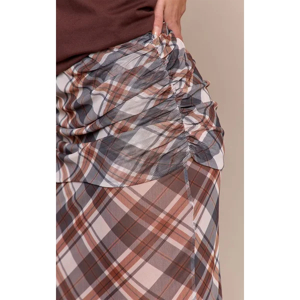 Marron Jupe Longue En Mesh Superposé À Imprimé Carreaux
