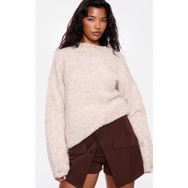 Marron Jupe-short Ajustée À Basque Tissée Avec Boutons