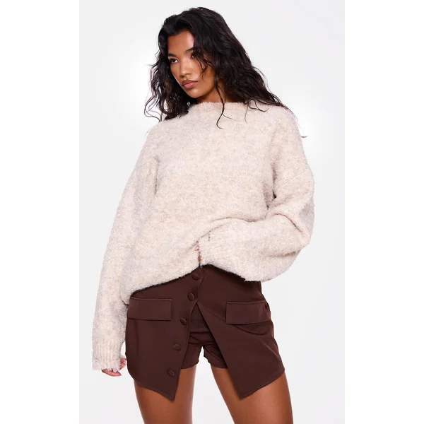 Marron Jupe-short Ajustée À Basque Tissée Avec Boutons