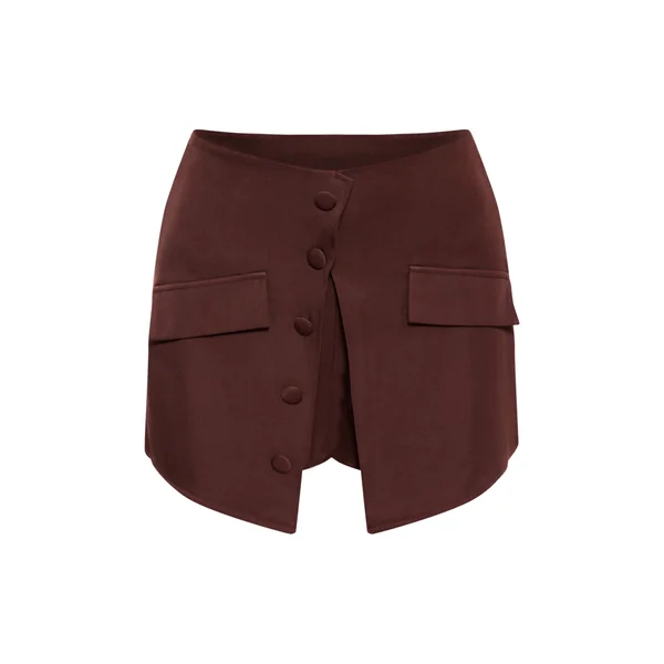 Marron Jupe-short Ajustée À Basque Tissée Avec Boutons