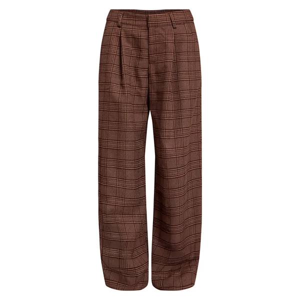 Marron Pantalon Large Tailleur En Sergé Tissé Premium À Carreaux